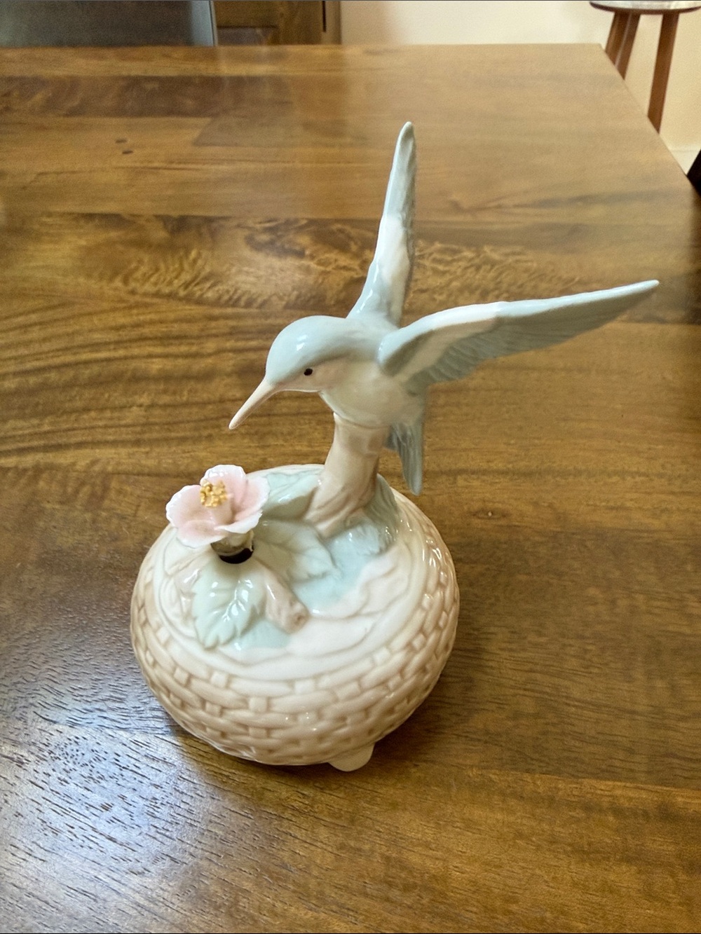 Porcelain Hummingbird Trinket music Box in Pale Blue and Cream
